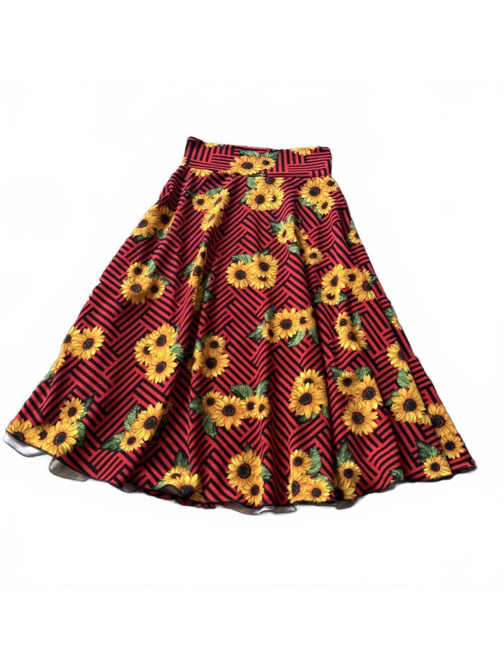 Red Sunflower Skater Skirt Flowy Mini Geometric Print Y2K High Waist Size S